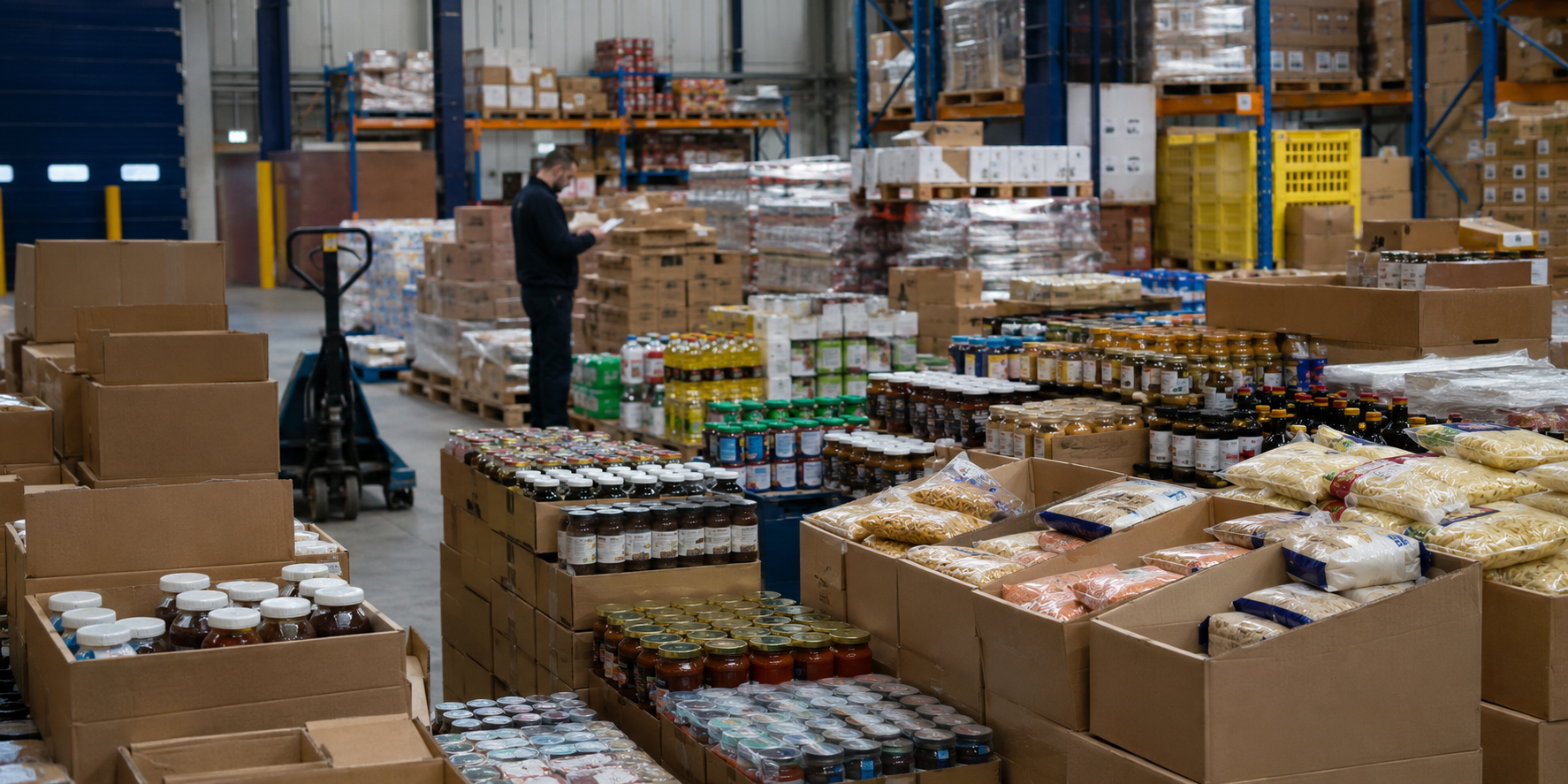 Grocery and FMCG trade stock in a working distribution warehouse