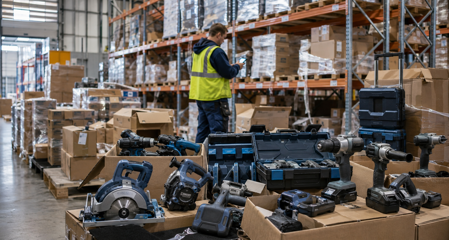 Power tools and trade stock inside an active wholesale warehouse