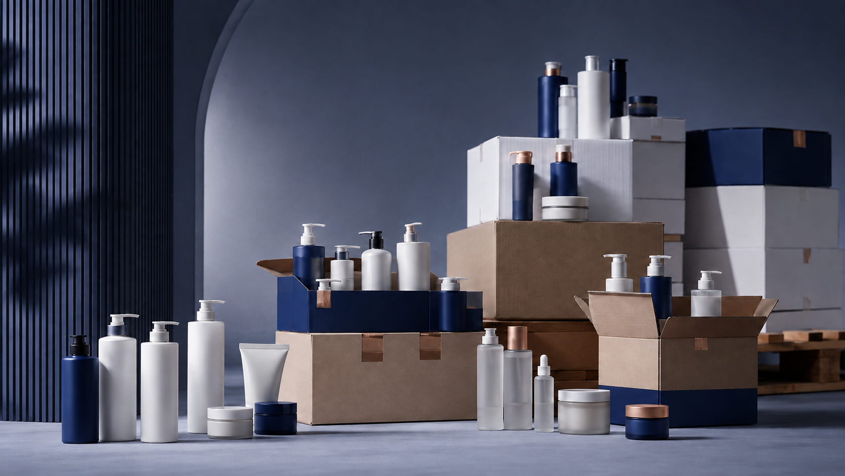 Unbranded beauty and personal care products packed in wholesale cases