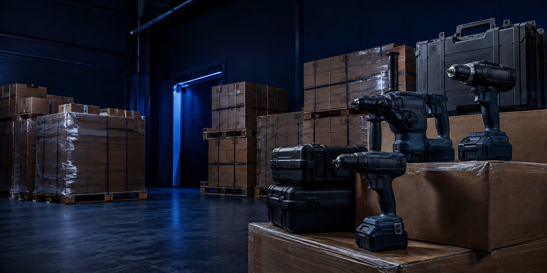 Unbranded professional tools and cases in a wholesale warehouse
